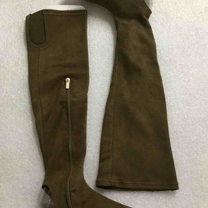 Women’s Bamboo Knee High Open Toe Flat Suede Boots- Olive Color